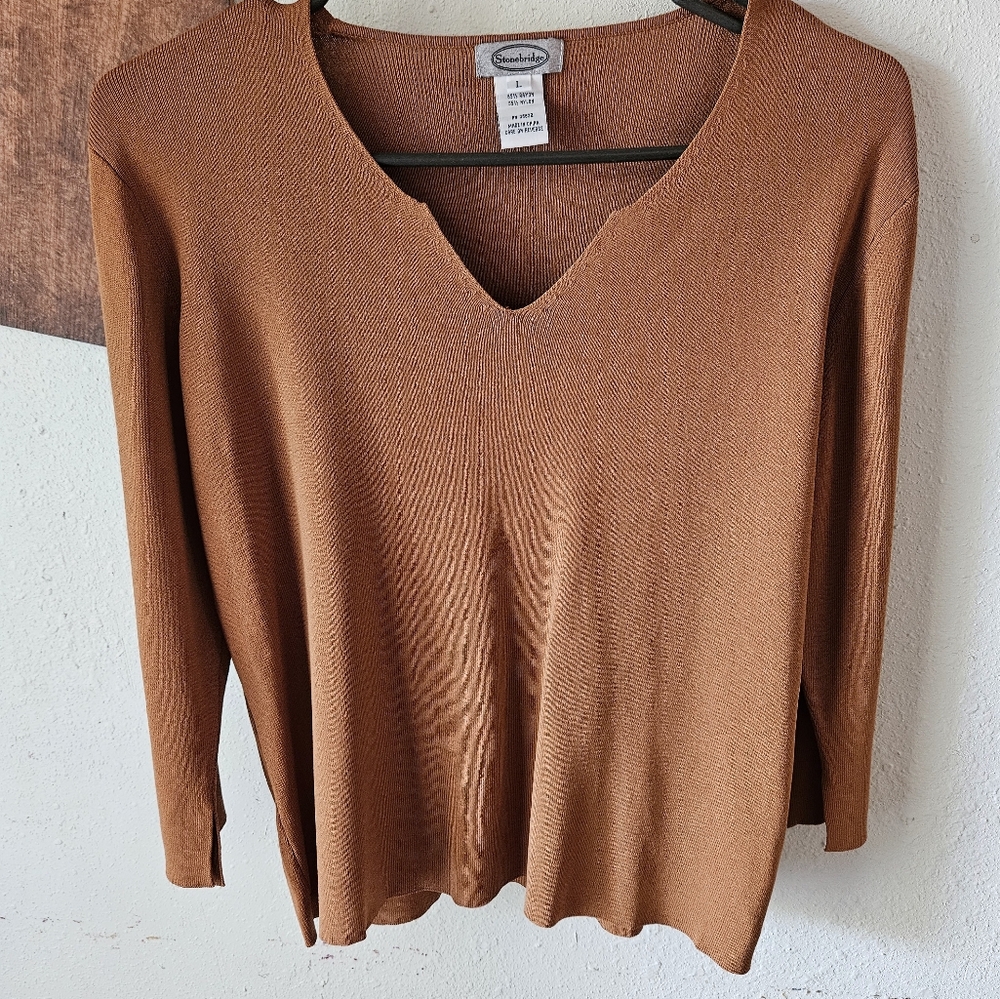 Stonebridge Burnt Orange V Neck Fitted Long Sleeve Blouse Large